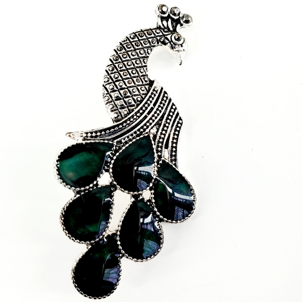 Women's Peacock Art Deco Fashion Sliver tone Green Enamel Feather Brooch